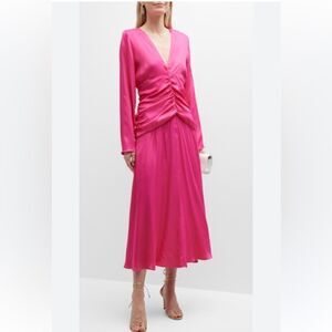 NWT Farm Rio Long-Sleeve Ruched-Waist Midi Dress Fuscia Medium